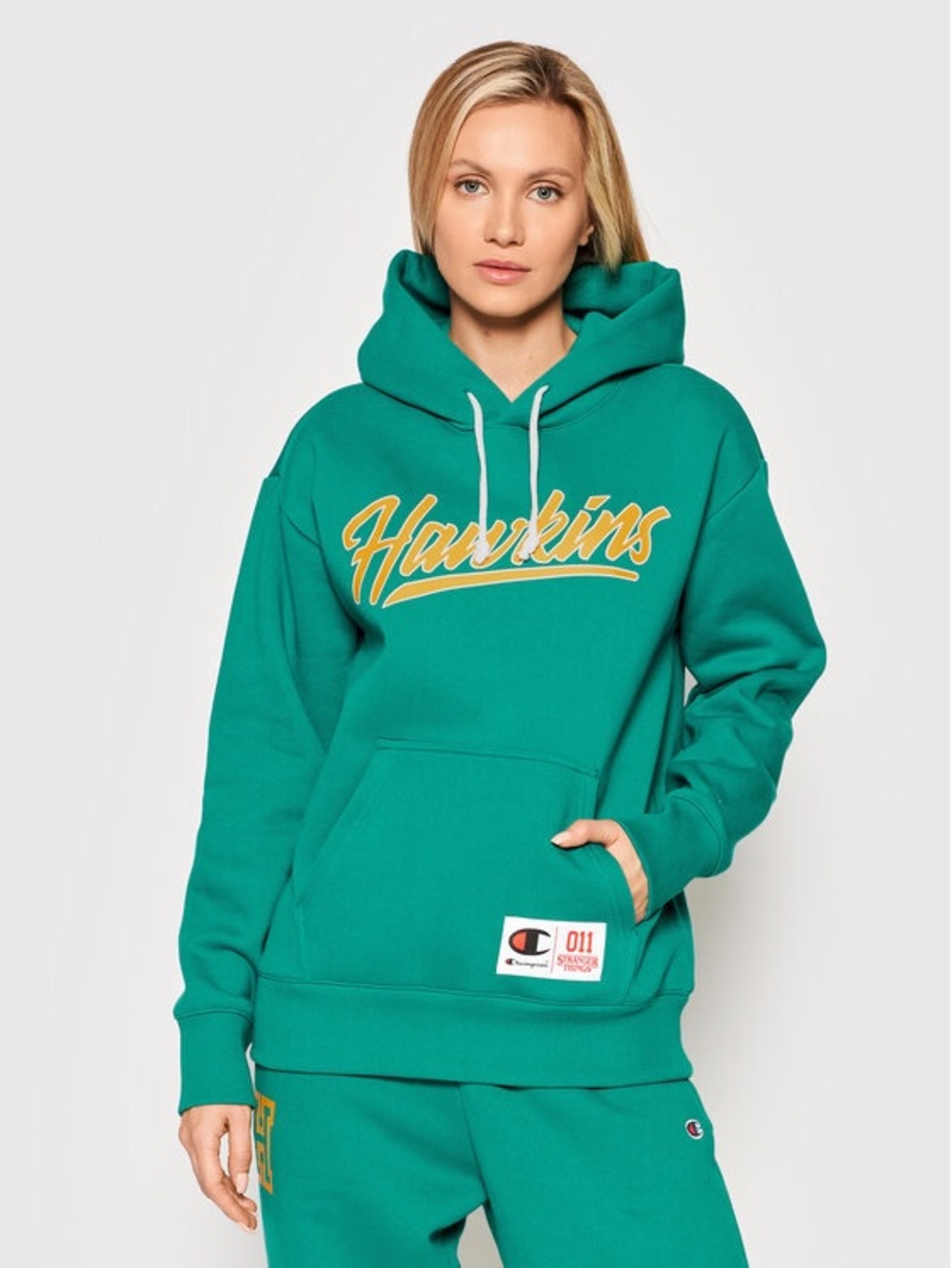 Champion Teal Hoodie with Yellow Hawkins Script M
